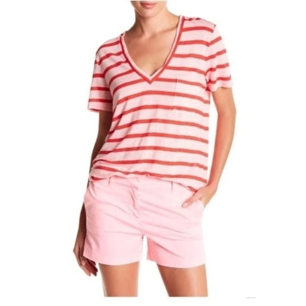 J. Crew Striped Linen V Neck Tee Pink Red XXS NWT